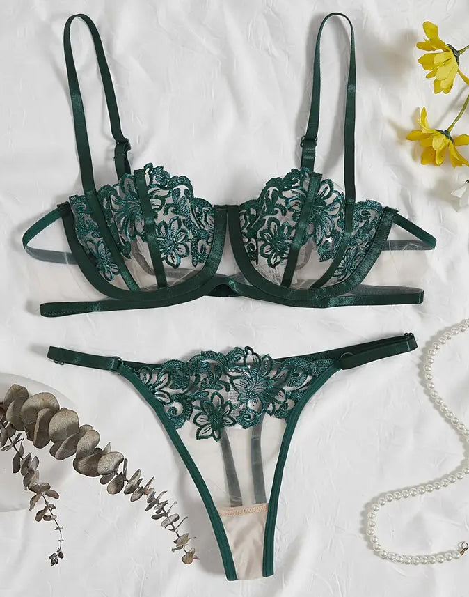 green lace thong and bra set