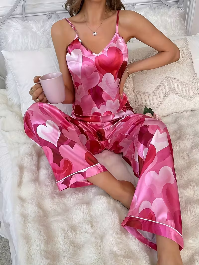 Pink Satin Hearts Pajama Set