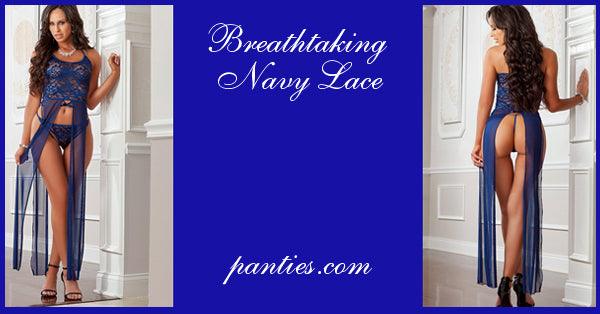 Breathtaking Navy Lace Gown - panties.com